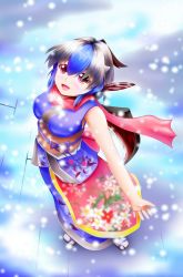 Rule 34 | 1girl, :d, aged up, blue dress, blue hair, breasts, dress, grasse siannoto, head wings, highres, horns, japanese clothes, kimono, large breasts, looking at viewer, multicolored hair, obi, old, open mouth, pink eyes, sash, short hair, sleeveless, smile, solo, tokiko (touhou), touhou, two-tone hair, white hair, wings