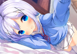 Rule 34 | 1girl, :d, bed sheet, blue eyes, blue hair, blue sweater, blurry, blurry background, blurry foreground, blush, chinomaron, commentary request, depth of field, gochuumon wa usagi desu ka?, hair between eyes, hoto cocoa&#039;s school uniform, indoors, kafuu chino, long hair, long sleeves, lying, neck ribbon, on side, open mouth, pleated skirt, red ribbon, ribbon, sailor collar, school uniform, serafuku, skirt, smile, solo, sweater, thighhighs, white sailor collar, white skirt, white thighhighs