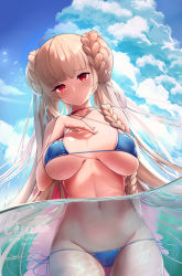 Rule 34 | 1girl, azur lane, bad id, bad pixiv id, bare arms, bare shoulders, bikini, blue bikini, blue sky, blush, braid, breasts, breasts apart, cameltoe, choker, cleavage, closed mouth, cloud, cloudy sky, collarbone, commentary, covered erect nipples, cowboy shot, criss-cross halter, day, double bun, english commentary, formidable (azur lane), formidable (the lady of the beach) (azur lane), gluteal fold, hair bun, halterneck, hand on own chest, highres, large breasts, long hair, looking at viewer, lowleg, lowleg bikini, md5 mismatch, navel, ocean, outdoors, pairleaf, partially submerged, partially underwater shot, red eyes, resolution mismatch, side-tie bikini bottom, sidelocks, signature, single braid, sky, solo, stomach, string bikini, sunlight, swimsuit, thigh gap, underwater, very long hair