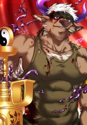 Rule 34 | 1boy, animal ears, bara, bare arms, bare pectorals, blood, blood on clothes, blood on face, camouflage, chest hair, covered abs, covered navel, cow boy, cow ears, cow horns, furry, furry male, green tank top, headband, highres, holding, holding weapon, horns, injury, large pectorals, male focus, muscular, nipples, oversized object, pectorals, purple eyes, purple horns, serious, shennong (housamo), shirt, short hair, sideburns, solo, syringe, tank top, tokyo houkago summoners, torn clothes, torn shirt, torn tank top, upper body, weapon, white hair, yanai inaya, yin yang