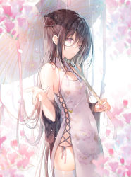 Rule 34 | 1girl, bare shoulders, black hair, cherry blossoms, china dress, chinese clothes, cleavage cutout, clothing cutout, covered navel, cowboy shot, detached sleeves, dress, hair bun, highres, holding, long hair, looking at viewer, miwabe sakura, oil-paper umbrella, original, parted lips, pelvic curtain, pink eyes, side-tie peek, sideless outfit, sleeveless, sleeveless dress, solo, standing, tassel, thighhighs, umbrella, white dress, white thighhighs