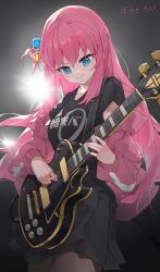 Rule 34 | 1girl, absurdres, aqua eyes, black shirt, black skirt, bocchi the rock!, closed mouth, copyright name, cube hair ornament, electric guitar, fingernails, gotoh hitori, gotoh hitori (octopus), guitar, hair between eyes, hair ornament, highres, holding, holding plectrum, instrument, jacket, long hair, long sleeves, looking down, music, one side up, open clothes, open jacket, pink hair, pink jacket, playing instrument, plectrum, sentter, shirt, skirt, solo, sweatdrop, track jacket