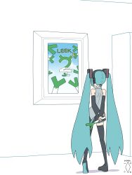 Rule 34 | 1girl, absurdres, aqua hair, arms behind back, artist logo, artist name, black footwear, black skirt, black sleeves, boots, brand name imitation, commentary, detached sleeves, digiral, english commentary, facing away, food, from behind, full body, grey shirt, hair ornament, hatsune miku, headphones, heel up, highres, holding, holding food, holding own arm, holding spring onion, holding vegetable, long hair, long sleeves, looking at object, number tattoo, picture frame, pleated skirt, poster (object), shirt, shoulder tattoo, shrek (series), shrek 2, skirt, sleeveless, sleeveless shirt, solo, spring onion, standing, tattoo, thigh boots, vegetable, very long hair, vocaloid, white background, wide sleeves