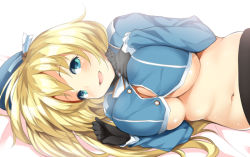 Rule 34 | 10s, 1girl, atago (kancolle), black gloves, blonde hair, blue hat, blush, breasts, gloves, green eyes, hat, kantai collection, large breasts, long hair, looking at viewer, lying, military, military uniform, on side, open mouth, pantyhose, pokachu, shiny skin, smile, solo, underboob, uniform