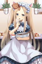 Rule 34 | 1girl, abigail williams (heart of cooking) (fate), abigail williams (fate), absurdres, animal ears, apron, bao (s 888), blonde hair, blue dress, blue eyes, blush, bow, breasts, cat ears, cook heart (fate), dress, fate/grand order, fate (series), food, forehead, fruit, hair bow, highres, long hair, looking at viewer, mixing bowl, multiple hair bows, official alternate costume, pancake, parted bangs, plate, puffy short sleeves, puffy sleeves, short sleeves, sidelocks, small breasts, solo, strawberry, stuffed animal, stuffed toy, tasting, teddy bear, tongue, tongue out, twintails, whisk