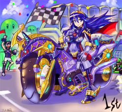Rule 34 | 1girl, bicycle, blue eyes, blue hair, blush, bodysuit, breasts, cape, capelet, checkered flag, chrom (fire emblem), cloak, closed mouth, commentary request, father and daughter, fire emblem, fire emblem awakening, flag, gloves, highres, long hair, looking at viewer, lucina (fire emblem), luigi, mario (series), mario kart, multiple boys, nintendo, oomasa teikoku, open mouth, skin tight, smile, tiara