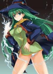 Rule 34 | 1girl, alice soft, blue coat, blue eyes, blue hat, breasts, coat, cowboy shot, dress, gradient background, green dress, green hair, grey background, hand on own hip, hat, hip focus, long hair, looking at viewer, looking back, magic, masou shizuka, noba (veronicanoha), panties, pantyshot, rance (series), revealing clothes, sengoku rance, simple background, small breasts, solo, standing, twisted torso, underwear, white panties, witch hat