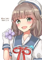 Rule 34 | 1girl, absurdres, blue sailor collar, dated, dolphin, flower, gloves, green eyes, grey hair, hat, highres, kantai collection, long hair, looking at viewer, low twintails, mikura (kancolle), one-hour drawing challenge, pin, puffy short sleeves, puffy sleeves, sailor collar, sailor hat, sailor shirt, shirt, short sleeves, smile, solo, tamako (sui 8931), twintails, twitter username, upper body, white gloves, white shirt