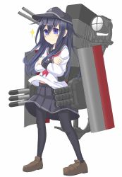 Rule 34 | 10s, 1girl, akatsuki (kancolle), anchor, anchor symbol, badge, black hair, black pantyhose, blouse, blue eyes, cannon, crossed arms, flat cap, full body, hair between eyes, hankaiso, hat, highres, kantai collection, loafers, long hair, machinery, messy hair, neckerchief, pantyhose, red neckerchief, school uniform, searchlight, serafuku, shield, shirt, shoes, simple background, skirt, smile, smokestack, solo, sparkle, standing, torpedo, turret