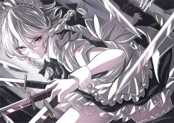 Rule 34 | 1girl, apron, black bow, bow, braid, breasts, closed mouth, commentary, hair between eyes, hair bow, highres, holding, holding knife, izayoi sakuya, jan (lightdragoon), knife, looking at viewer, maid, maid headdress, medium breasts, red eyes, short sleeves, side braids, solo, touhou, twin braids, waist apron, wrist cuffs