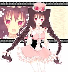 Rule 34 | 1girl, animal ears, bad id, bad pixiv id, blush, braid, brown hair, cat ears, cat tail, corset, fangs, frills, gloves, goma (11zihisin), hat, highres, lolita fashion, long hair, looking at viewer, open mouth, original, purple eyes, red eyes, slit pupils, solo, tail, thighhighs, twin braids, very long hair, white gloves, white thighhighs, zettai ryouiki, zoom layer