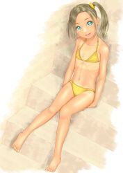 Rule 34 | 1girl, barefoot, bikini, blue eyes, commentary request, flat chest, full body, grey hair, hair ornament, hair scrunchie, highres, looking at viewer, medium hair, navel, open mouth, original, scrunchie, side ponytail, sitting, smile, solo, swimsuit, tan, tanline, toes, uzuki mei, yellow bikini