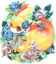 Rule 34 | animal ear fluff, animal focus, blue bow, blue flower, blue ribbon, blue rose, bow, closed mouth, colored eyelashes, creatures (company), fennekin, flower, fox, from side, full body, game freak, gen 6 pokemon, grey flower, grey rose, hair flower, hair ornament, happy, highres, looking at viewer, mofu (moffuri sippo), neck ribbon, nintendo, no humans, pokemon, pokemon (creature), red eyes, red ribbon, ribbon, rose, sitting, smile, solo, striped bow, striped ribbon, tail, tail flower, tail ornament, traditional media