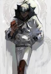 Rule 34 | 1boy, absurdres, against wall, black hair, cellphone, closed mouth, commentary, creatures (company), dark-skinned male, dark skin, earrings, game freak, hand in pocket, hand up, highres, holding, holding phone, hood, hood down, hoodie, jewelry, knees, l 1753ucon, leaning back, male focus, nintendo, phone, pokemon, pokemon masters ex, raihan (pokemon), shorts, smile, solo, standing, white headwear, white hoodie, white shorts