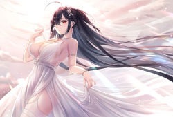 Rule 34 | 1girl, :d, ahoge, armlet, artist name, azur lane, backlighting, black hair, blush, bracelet, breasts, cleavage, cloud, cowboy shot, day, dress, garter straps, hair between eyes, highres, holding, jewelry, large breasts, long hair, looking at viewer, official alternate costume, one side up, open mouth, outdoors, pelvic curtain, red eyes, sebu illust, see-through, signature, sleeveless, sleeveless dress, smile, solo, straight hair, sunlight, taihou (azur lane), taihou (temptation on the sea breeze) (azur lane), thighhighs, very long hair, white dress