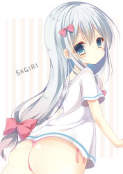 Rule 34 | 1girl, ass, bad id, bad pixiv id, blue eyes, blush, bow, character name, closed mouth, commentary request, eromanga sensei, hair between eyes, hair bow, highres, izumi sagiri, lace, lace-trimmed panties, lace trim, long hair, looking at viewer, looking back, low-tied long hair, no pants, panties, pink bow, pink panties, shiiba nae, shiny skin, shirt, short sleeves, side-tie panties, silver hair, solo, striped, striped background, tareme, underwear, vertical stripes, very long hair, white shirt