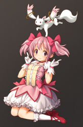 Rule 34 | 1girl, arms up, bow, breasts, bubble skirt, choker, closed mouth, commentary request, dress, frilled socks, frills, full body, gloves, grey background, hair bow, hair ribbon, highres, kaname madoka, kneehighs, kneeling, kyubey, looking at viewer, magical girl, mahou shoujo madoka magica, mahou shoujo madoka magica (anime), miki sayaka, pink bow, pink eyes, pink hair, poripori, puffy short sleeves, puffy sleeves, red choker, red footwear, ribbon, shoes, short sleeves, simple background, skirt, small breasts, smile, socks, solo, sweatdrop, white dress, white gloves, white socks