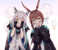 Rule 34 | amiya (arknights), animal ears, arknights, balloon, black bracelet, black cape, black gloves, black jacket, blue eyes, blurry, blurry background, brown hair, cape, cat ears, cat girl, clothes writing, covering one eye, dress, fingerless gloves, gloves, green eyes, grey hair, hale (user tkwy8275), hands on own face, hands up, highres, hood, hood down, hooded cape, infection monitor (arknights), jacket, jewelry, long hair, long sleeves, looking at viewer, multiple rings, one eye closed, open clothes, open jacket, parted lips, rabbit ears, rabbit girl, ring, rosmontis (arknights), shirt, sidelocks, simple background, smile, teeth, upper body, upper teeth only, white background, white dress, white shirt