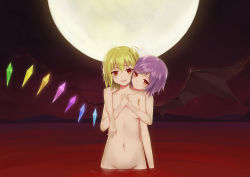 Rule 34 | 2girls, bad id, bad pixiv id, bat wings, blonde hair, blood, blush, breasts, collarbone, convenient censoring, crystal, female focus, flan (seeyouflan), flandre scarlet, full moon, hands on own chest, highres, holding hands, hug, hug from behind, incest, light purple hair, looking at viewer, moon, multiple girls, navel, night, nude, open mouth, own hands together, partially submerged, red eyes, remilia scarlet, short hair, siblings, sisters, small breasts, smile, standing, touhou, wading, wings, yuri