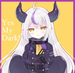 Rule 34 | 1girl, ahoge, black dress, blush, border, brown eyes, commentary request, demon horns, dress, highres, hololive, horns, la+ darknesss, long sleeves, looking at viewer, multicolored hair, ni kiro, parted lips, pointy ears, purple border, purple hair, silver hair, sleeves past fingers, sleeves past wrists, solo, streaked hair, virtual youtuber, yellow background