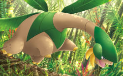 Rule 34 | black eyes, claws, creature, creatures (company), flying, forest, full body, game freak, gen 3 pokemon, himeno kagemaru, nature, nintendo, no humans, official art, open mouth, outdoors, plant, pokemon, pokemon (creature), pokemon tcg, solo, third-party source, tropius