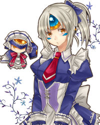 Rule 34 | 1girl, alternate costume, ascot, bow, colored eyelashes, corset, elsword, enmaided, eve (elsword), hair bow, maid, mohuta1203, necktie, ponytail, puffy sleeves, short hair, solo, v arms, white background, white hair, yellow eyes