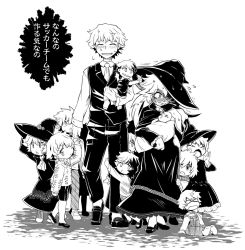 Rule 34 | &gt; &lt;, ^ ^, baby, black dress, blush, carrying, child, closed eyes, dress, embarrassed, family, grabbing another&#039;s hair, greyscale, hat, holding hands, looking at viewer, majo shuukai de aimashou, monochrome, multiple boys, multiple girls, nervous sweating, o3o, original, peeking out, pregnant, sweat, takura mahiro, too many, translation request, witch, witch hat
