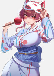 Rule 34 | 1girl, absurdres, animal print, breasts, candy apple, fish print, food, fox mask, grin, hair ribbon, heterochromia, highres, hololive, houshou marine, japanese clothes, kimono, large breasts, lips, mask, mask on head, red eyes, red hair, reulem, ribbon, short hair with long locks, simple background, smile, twintails, upper body, virtual youtuber, white background, wide sleeves, yellow eyes, yukata