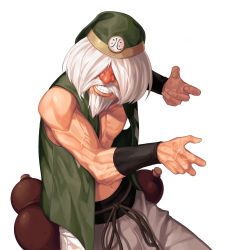 Rule 34 | 1boy, bare pectorals, beard, biceps, chin gentsai, commentary request, evilgun, facial hair, facing viewer, fighting stance, gourd, green hat, green vest, grin, hair over eyes, hat, highres, male focus, mustache, navel, old, old man, pants, pectorals, short hair, simple background, smile, solo, standing, teeth, the king of fighters, the king of fighters &#039;97, veins, vest, white background, white hair, white pants