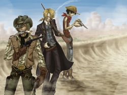 Rule 34 | 3boys, alternate costume, bandana, belt, black hair, blonde hair, blue sky, bolo tie, boots, cigarette, cowboy hat, cowboy western, denim, dual wielding, earrings, gloves, green hair, gun, hair over one eye, handgun, hat, hat over one eye, holding, holster, jeans, jewelry, male focus, monkey d. luffy, mouth hold, multiple boys, one piece, outdoors, pants, red vest, revolver, roronoa zoro, sanji (one piece), scenery, shirt, sky, smoking, straw hat, striped clothes, striped shirt, syb, triple wielding, vest, weapon