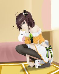 Rule 34 | 1girl, absurdres, bedroom, blush, brown hair, clothes pull, highres, hololive, natsuiro matsuri, panties, panty pull, pantyhose, pantyhose pull, peeing, peeing in cup, side ponytail, solo, squatting, underwear, virtual youtuber