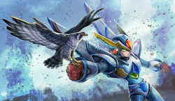Rule 34 | 1boy, android, armor, bird, clenched hand, commentary request, cowboy shot, dutch angle, falcon, falcon armor x (mega man), gloves, green eyes, helmet, kiwakiwa, looking to the side, male focus, mega man (series), mega man x5, mega man x (series), name connection, object namesake, outstretched arm, peregrine falcon, power armor, red gloves, revision, serious, x (mega man)