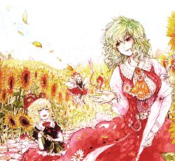 Rule 34 | 3girls, absurdres, ascot, chihiro (kemonomichi), dress, fairy, flower, foliage, green hair, highres, kazami yuuka, medicine melancholy, multiple girls, painting (medium), plaid clothes, red dress, su-san, sunflower, touhou, traditional media, watercolor (medium), yellow ascot