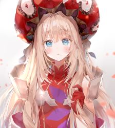 Rule 34 | 1girl, :o, ahoge, b rock, bad id, bad pixiv id, blonde hair, blue eyes, blush, dress, fate/grand order, fate (series), gloves, hand up, hat, long hair, looking at viewer, marie antoinette (fate), parted lips, red dress, red gloves, solo, upper body, very long hair