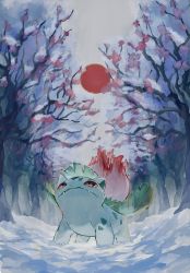 Rule 34 | claws, closed mouth, commentary request, creatures (company), day, fangs, fangs out, game freak, gen 1 pokemon, highres, ivysaur, looking up, nintendo, no humans, outdoors, penurodae, pokemon, pokemon (creature), red eyes, sky, snow, solo, standing, tree