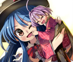 Rule 34 | 2girls, ;d, ahoge, barefoot, blue hair, blush, bowl, bowl hat, closed eyes, commentary request, dutch angle, hair between eyes, hand on another&#039;s back, hand on another&#039;s face, happy, hat, hinanawi tenshi, japanese clothes, kimono, lifting person, long hair, looking at viewer, mini person, minigirl, multiple girls, obi, one eye closed, open mouth, purple hair, red eyes, sash, shirt, short hair, simple background, smile, sukuna shinmyoumaru, syope, tears, torn clothes, torn sleeves, touhou, upper body, very long hair, white background, white shirt