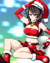 Rule 34 | 1girl, alternate costume, artist logo, bell, belt, black belt, blue hat, boots, breasts, brown eyes, brown hair, christmas, cleavage, cleavage cutout, closed mouth, clothing cutout, commentary request, fur-trimmed shirt, fur trim, girls und panzer, gloves, hat, holding, holding sack, jingle bell, large breasts, long hair, looking at viewer, midriff, mika (girls und panzer), miniskirt, navel, pleated skirt, red footwear, red gloves, red hat, red skirt, sack, salute, santa boots, santa costume, santa gloves, santa hat, shirt, sitting, skirt, smile, solo, stacked hats, tulip hat, yoyokkun