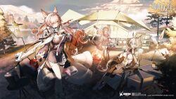 Rule 34 | 3girls, ahoge, animal ears, arknights, blue eyes, coat, coffee cup, coffee pot, cooking, cup, disposable cup, female focus, glasses, green eyes, hair ornament, hat, highres, lake, lantern, long hair, mountain, mousse (arknights), mousse (campfire cooking smoke) (arknights), multiple girls, official art, pink hair, pozyomka (arknights), pozyomka (snowy plains in words) (arknights), proviso (arknights), proviso (high autumn) (arknights), red eyes, stove, tail, tent, tree