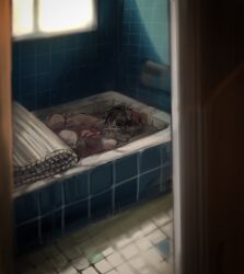 1boy air_bubble araya_kawai bad_id bad_twitter_id bathroom bathtub black_hair blood brain bubble death doorway guro highres inactive_account indoors intestines male_focus mouth_submerged mouth_under_water original partially_submerged short_hair solo tile_floor tile_wall tiles water window