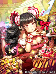 Rule 34 | 1girl, bad id, bad pixiv id, black hair, blush, breasts, cake, character request, cleavage, company name, dragon tactics, dutch angle, food, heart, high heels, ichinose777, large breasts, long hair, lying, official art, on stomach, smile, solo, twintails