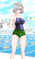 Rule 34 | 1girl, absurdres, alternate costume, arms behind back, blue eyes, blue one-piece swimsuit, blue sky, breasts, buruma, cloud, commentary request, competition school swimsuit, day, feet out of frame, green buruma, grey hair, hair ornament, hair over one eye, hairclip, hamakaze (kancolle), highres, kantai collection, lane line, large breasts, looking at viewer, one-piece swimsuit, outdoors, parted lips, pool, school swimsuit, short hair, sky, solo, string of flags, swimsuit, swimsuit under clothes, takafumi
