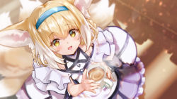 Rule 34 | 1girl, animal ears, arknights, blonde hair, blue dress, blue hairband, cup, dress, fox ears, fox tail, from above, hair rings, hairband, hellnyaa, highres, holding, holding cup, hot chocolate, looking at viewer, looking up, material growth, mug, multiple tails, open mouth, oripathy lesion (arknights), smile, solo, suzuran (arknights), tail, yellow eyes