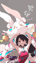 Rule 34 | 1girl, 2023, animal ears, armpits, arms up, artist name, black eyes, black hair, blush, breasts, chinese clothes, chinese zodiac, disguise, fake animal ears, grey background, highres, long hair, looking at viewer, medium breasts, nnnnoooo007, original, rabbit, smile