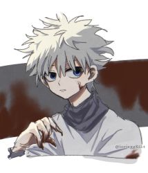 Rule 34 | 1boy, blood, blood on clothes, blood on face, blood on hands, blue eyes, highres, hunter x hunter, iorieggs514, killua zoldyck, male focus, messy hair, portrait, shirt, solo, twitter username, white hair, white shirt