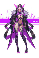 Rule 34 | 1girl, absurdres, breasts, claws, contrapposto, full body, fur trim, glasses, gloves, glowing, glowing horns, hand on own hip, highres, hood, hood up, horns, large breasts, medium hair, original, pink eyes, purple gloves, purple hair, purple lips, signature, smile, solo, sound wave, standing, torn clothes, yus