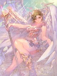 Rule 34 | 1girl, angel wings, armor, boots, breasts, brown eyes, brown hair, character request, cleavage, closed mouth, commentary request, fantasy, frills, highres, holding, holding weapon, isaac hein iii, long hair, looking at viewer, medium breasts, microskirt, official art, parted hair, polearm, revealing clothes, shiny skin, short sleeves, sitting, skirt, smile, solo, sparkle, tenka touitsu chronicle, thighs, throne, weapon, white wings, wings
