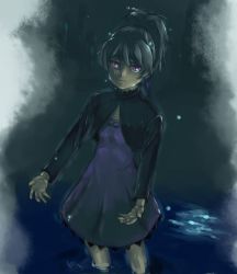Rule 34 | 00s, 1girl, darker than black, dress, long sleeves, outstretched hand, pirano, ponytail, purple eyes, silver hair, solo, water, yin (darker than black)