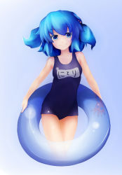 Rule 34 | 1girl, blue eyes, blue hair, female focus, gradient background, highres, innertube, ironwill, kawashiro nitori, matching hair/eyes, name tag, one-piece swimsuit, school swimsuit, solo, swim ring, swimsuit, touhou, twintails, two side up