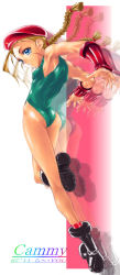 Rule 34 | 1girl, artist name, ass, beret, blonde hair, blue eyes, boots, braid, cammy white, capcom, character name, dated, hat, kawata hisashi, leg up, leotard, looking back, signature, solo, street fighter, twin braids