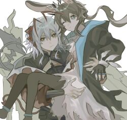 Rule 34 | 2girls, amiya (arknights), amiya (medic) (arknights), animal ears, antenna hair, arknights, black coat, black gloves, blue eyes, bright pupils, brown hair, carrying, coat, cowboy shot, demon tail, dress, feet out of frame, fingerless gloves, frown, gloves, grey hair, halo, hand on another&#039;s ass, horns, jacket, long hair, looking at viewer, multiple girls, one eye closed, princess carry, rabbit ears, red hair, red jacket, simple background, tail, torn clothes, uri (tosiphannn), w (arknights), white background, white dress, white pupils, wis&#039;adel (arknights), yuri